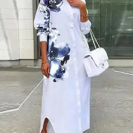 Women's Plus Size Casual Floral Print Shirt Dress - Button-up, Long Sleeve, Non-stretch Polyester For Spring/fall