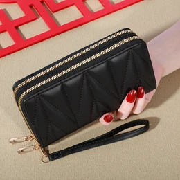 Women' Long Wallet With Dual Zipper - , Card Holder & Coin Pouch, Casual Continental Zipper Closure, Nylon Lined, Random Print, No Paint