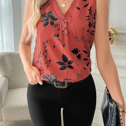 Elegant Women's V-neck Blouse With Floral Print - Sleeveless, Casual Summer Top, Machine Washable