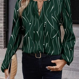 Elegant Long Sleeve Blouse For Women, V-neck, Polyester Woven Shirt, With Polka Dot And Print, For Spring, Summer, And Fall
