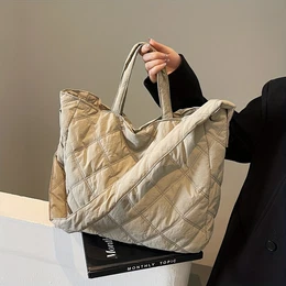 Casual Nylon Quilted Tote Bag For Women With Multiple Pockets, Large Capacity Shoulder Handbag With Fixed Straps, Zipper Closure, Polyester