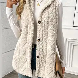 Women's Red Hooded Fleece Vest - Sleeveless Button-up Jacket, Soft Polyester Textured Outerwear For Fall & Winter, Elegant Solid With Warm