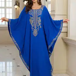 1pc Edolynsa Elegant Embroidered Kaftan - Viscose Long Sleeve With Batwing Sleeves, Square Neckline, And Embroidery Detail - Loose-fitting