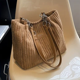 1pc Corduroy Tote Bag For Women, Large Capacity Shoulder Bag With Fixed Straps, Zipper Closure, Polyester Lined, Casual Design - Only