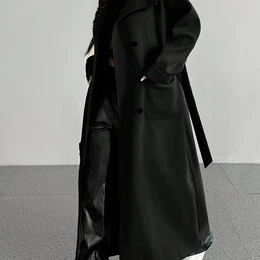 Elegant Long Sleeve For Women With Lace-up Detail, Solid Color Polyester Overcoat For Fall/winter Season - Woven Outerwear