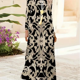 Plus Size Bohemian Maxi Dress, Crew Neck, Long Sleeve, High Stretch Knitted Fabric, Polyester 90%, Spandex 10%, With Baroque Print, For