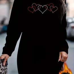 1pc Elegant Heart Pattern Fleece-lined Long Sleeve Crew Neck Sweatshirt Dress For Women, Knit Polyester Pullover