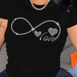 Women's Plus Size Casual T-shirt With Rhinestone Detail - Comfy Polyester , Crew Neck, Short Sleeve, Geometric Pattern - Spring/summer,