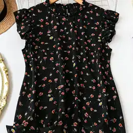 Plus Size Floral Print Blouse, Elegant Ruffle Sleeve Crew Neck Top For , Women's Plus Size Clothing, Blouses Plus Sizes