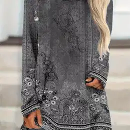 Size Women's Long Sleeve Top - Casual & , Stretchy Polyester , Machine Washable, Round Neck With Unique Floral Print For Spring/fall, Autumn And