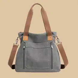Vintage Tote Bag For Women, Casual Large Capacity Shoulder Bag With Detachable Strap, Zippered Closure, Hand Washable - Black