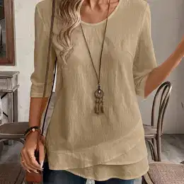 Women's Casual Round Neck Half Sleeve Blouse - Elegant Polyester, Asymmetrical Hem, Machine Washable, Ideal For Spring/summer