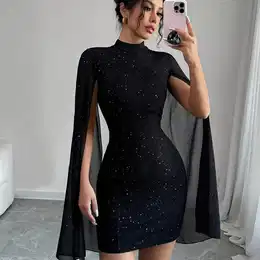 Women's Elegant Glitter Print Bodycon Dress With Lantern Sleeves And Mock Neck - Stretchy Polyester , Knee-length, Black With , Parties And
