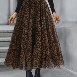 Women's Elegant Leopard Print Tulle Skirt, High-waist Slimming A-line Long Skirt, 100% Polyester, Loose Fit, Flared Hem, All , Woven Fabric,