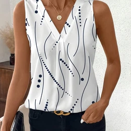 Graphic Print V Neck Blouse, Casual Sleeveless Top For , Women's Clothing