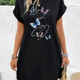 1pc Women's Summer Casual Crew Neck Fitted Dress With Print, 95% Polyester 5% Elastane Knit Fabric, Elegant Black Midi Dress For Ladies