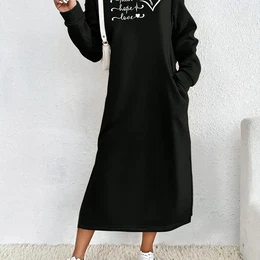Women's Casual Long Sleeve Hooded Maxi Sweatshirt Dress With Alphabet Applique, 95% Polyester 5% Spandex Knit Fabric, For All