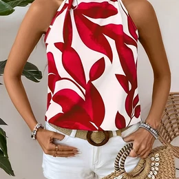 Elegant Sleeveless Round Neck Printed Blouse For Women, Polyester, Machine Washable - All , Yudomi, W80237