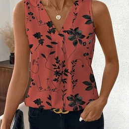 Elegant Women’s V-neck Sleeveless Floral Print Blouse - Black & Design, Lightweight Polyester, Spring/summer Casual