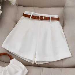 Women's High-waist Red Casual Shorts - Breathable Polyester, Solid Color, Slim Fit Summer Skort With Belt Loop & Button Detail, High Waisted