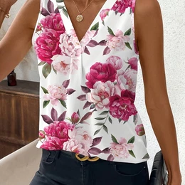 Women's Floral Print V-neck Sleeveless Shirt
