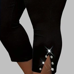 Plus Size, Plus Size Stretchy Rhinestone Slit Capri Pants High Waist Outdoor Casual Leggings