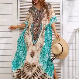 V-neck Polyester Beach Cover-up Dress, 100% Polyester Sleeveless Pullover With Print, Quick Dry Non-stretch Fabric, Lightweight 100g/m² For Sun