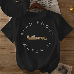 Reading Books And Watching F1 T-shirt, Short Sleeve Crew Neck Casual Top For Summer & Spring, Women's Clothing