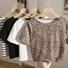 4-pack Women's Fashion Casual T-shirts, Leopard Print & Striped Solid Colors, Round Neck Short Sleeve, Polyester 95% Elastane 5%, Spring/summer