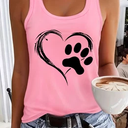 Women's Casual Sleeveless Tank Top In Vibrant Pink & Paw - , Stretchy Polyester Fabric, Machine Washable