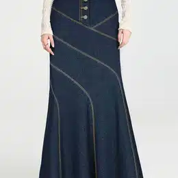 Women's Plus Size Denim Skirt, Casual Elegant Style, Button Front, Solid Color, Woven Fabric, 75% Rayon 23% Polyester 2% Spandex, Stretch, 410