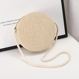 Handcrafted Charm Chic Round Woven Crossbody Bag For Women - Handmade Straw Shoulder Purse, Beach Vacations, In Khaki, White, And Cream,