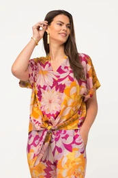 Tunika, kvty, oversize, vstih do V, krtk rukvy