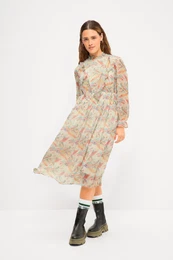 Midi aty, A stih, barevn potisk, stojek s volnky, dlouh rukvy