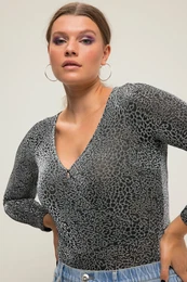 Body, Slim stih, leopard vzor s tpytem, vstih do V, dlouh rukvy