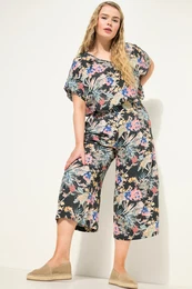 Kalhotov sukn, stih s vysokm pasem, extra irok nohavice, tropick potisk, sten elastick pas