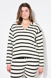 Polo svetr, oversize, strukturovan plet s pruhy