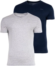 Herren T-Shirt, 2er Pack - V-NECK T-SHIRT 2-PACK, V-Ausschnitt, kurzarm, Cotton Hellgrau/Marineblau S