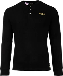 POLO Herren Langarmshirt - L/S Henley Sleep Top, Schlafshirt, lang, Knopfleiste, Waffelstrick-Baumwolle Schwarz S