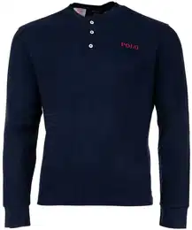 POLO Herren Langarmshirt - L/S Henley Sleep Top, Schlafshirt, lang, Knopfleiste, Waffelstrick-Baumwolle Blau M